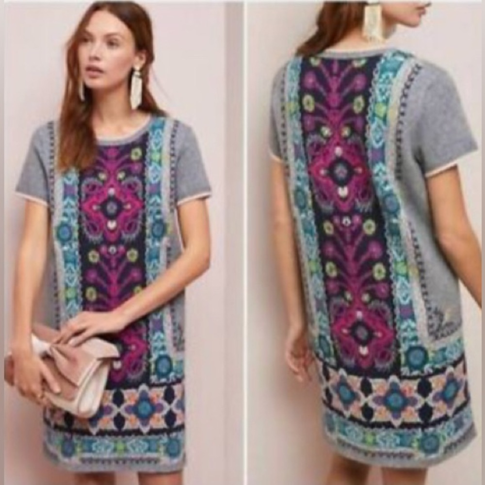 Akemi+Kin Anthropologie Kaleidoscope Sweater Dress Short Sleeve Floral Grey Sz.L